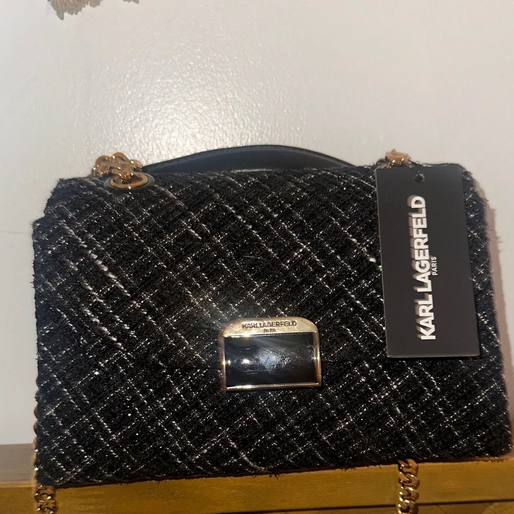 Karl Lagerfeld Black and Gold Tweed Shoulder Bag NWT - Picture 3 of 6